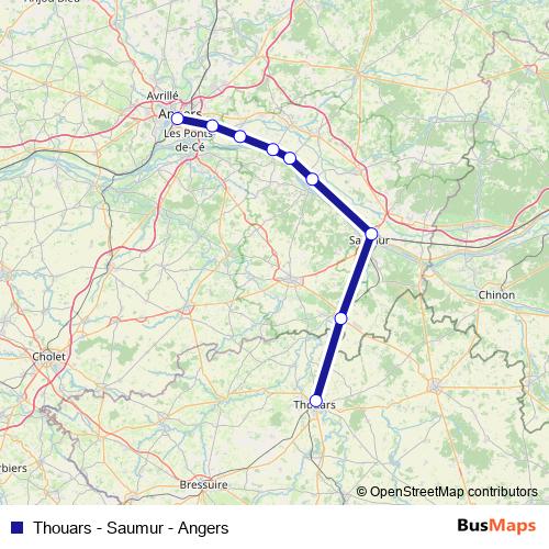 Thouars - Saumur - Angers rail Line Map