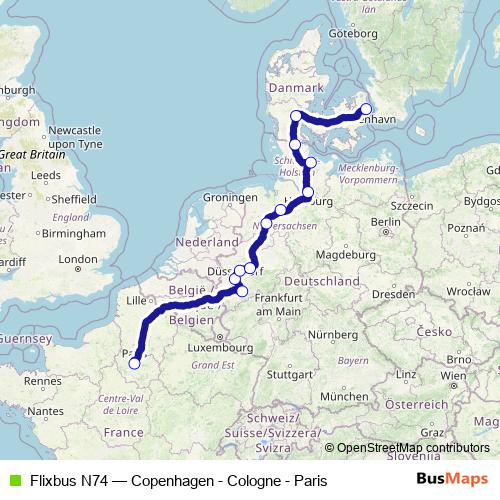 Flixbus N74 bus Line Map