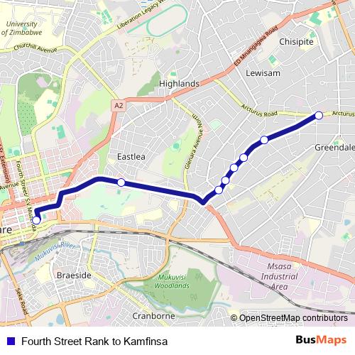 Fourth Street Rank to Kamfinsa bus Line Map