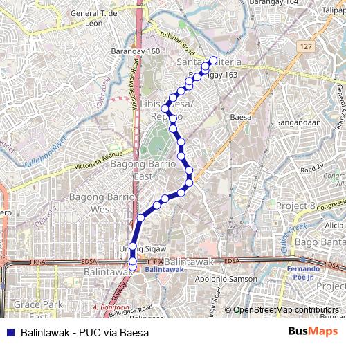 Balintawak - PUC via Baesa bus Line Map