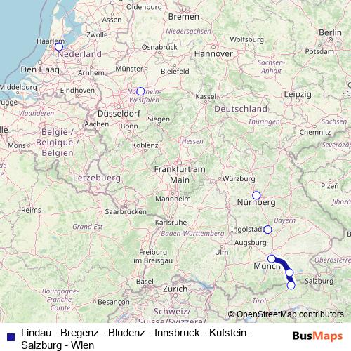 Lindau - Bregenz - Bludenz - Innsbruck - Kufstein - Salzburg - Wien rail Line Map