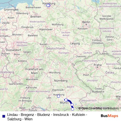 Lindau - Bregenz - Bludenz - Innsbruck - Kufstein - Salzburg - Wien rail Line Map