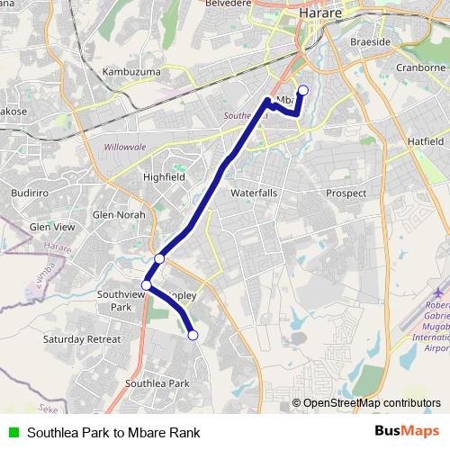 Southlea Park to Mbare Rank bus Line Map