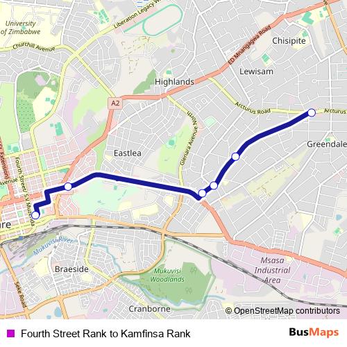 Fourth Street Rank to Kamfinsa Rank bus Line Map