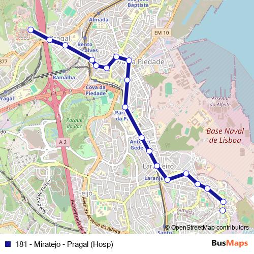 181 - Miratejo - Pragal (Hosp) bus Line Map