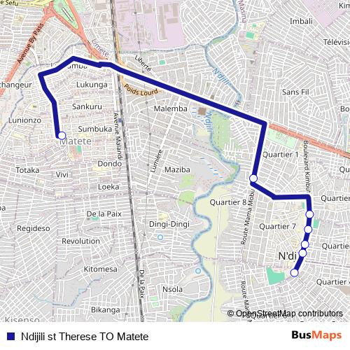 Ndijili st Therese TO Matete bus Line Map