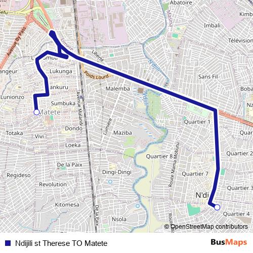 Ndijili st Therese TO Matete bus Line Map