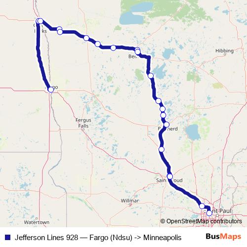 Jefferson Lines 928 bus Line Map