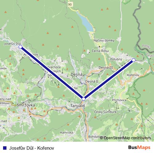 Josefův Důl - Kořenov rail Line Map