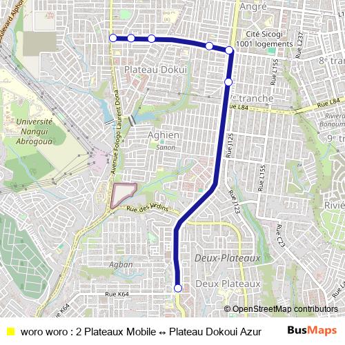 woro woro : 2 Plateaux Mobile ↔ Plateau Dokoui Azur bus Line Map