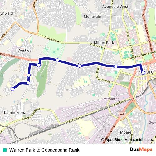 Warren Park to Copacabana Rank bus Line Map