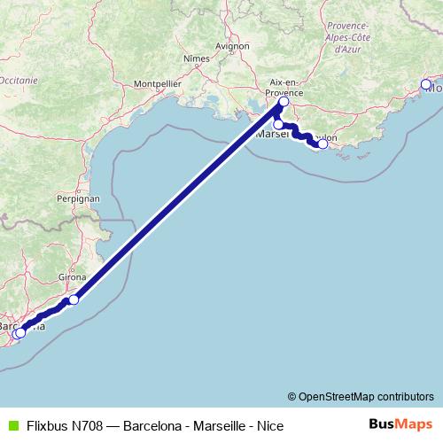 Flixbus N708 bus Line Map