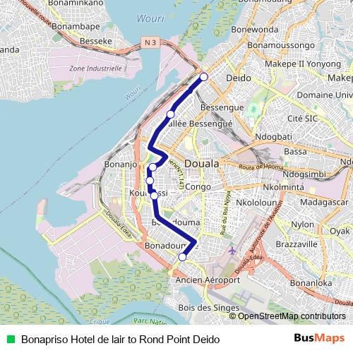 Bonapriso Hotel de lair to Rond Point Deido bus Line Map