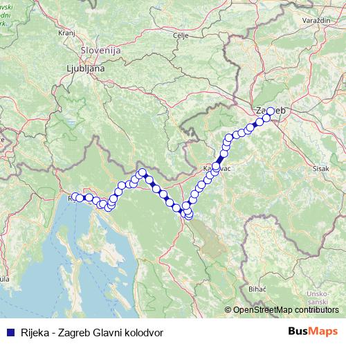 Rijeka - Zagreb Glavni kolodvor rail Line Map