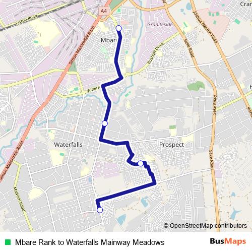 Mbare Rank to Waterfalls Mainway Meadows bus Line Map