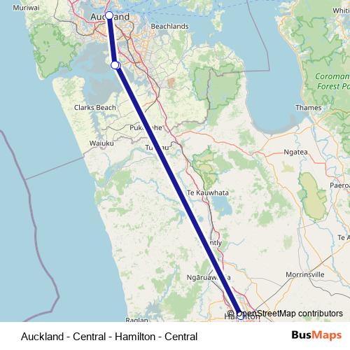 Auckland - Central - Hamilton - Central bus Line Map