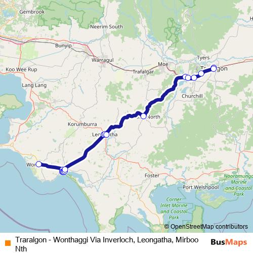 Traralgon - Wonthaggi Via Inverloch, Leongatha, Mirboo Nth bus Line Map