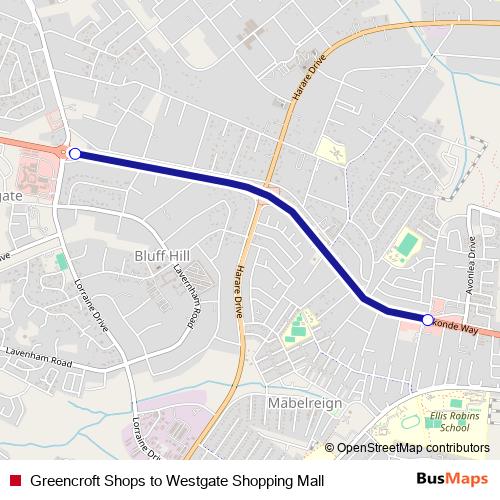 Greencroft Shops to Westgate Shopping Mall bus Line Map
