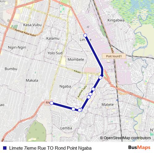 Limete 7ieme Rue TO Rond Point Ngaba bus Line Map
