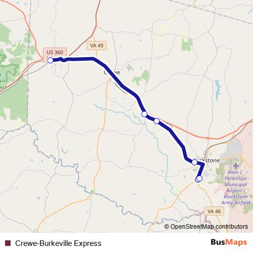 Crewe-Burkeville Express bus Line Map