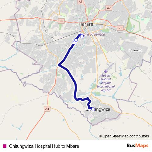 Chitungwiza Hospital Hub to Mbare bus Line Map