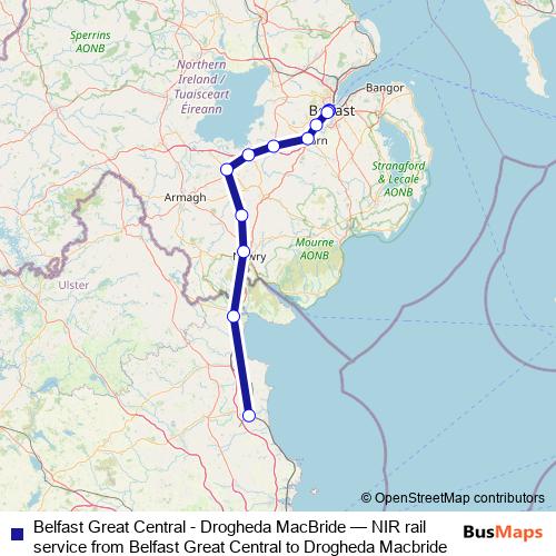 Belfast Great Central - Drogheda MacBride rail Line Map