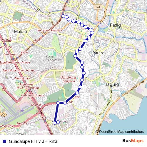 Guadalupe FTI v JP Rizal bus Line Map