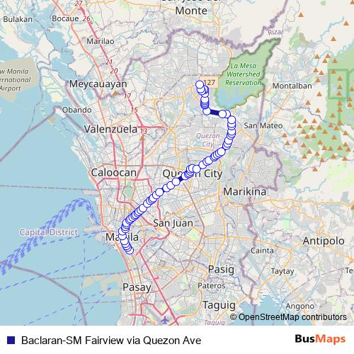 Baclaran-SM Fairview via Quezon Ave bus Line Map