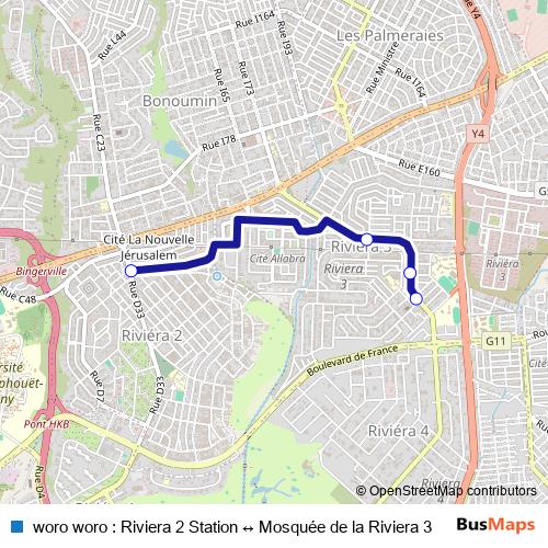 woro woro : Riviera 2 Station ↔ Mosquée de la Riviera 3 bus Line Map