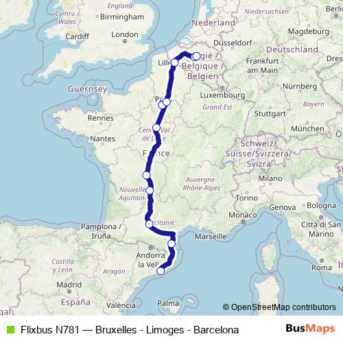 Flixbus N781 bus Line Map