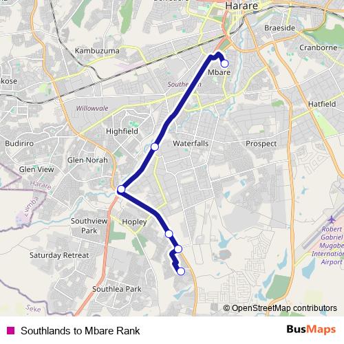 Southlands to Mbare Rank bus Line Map