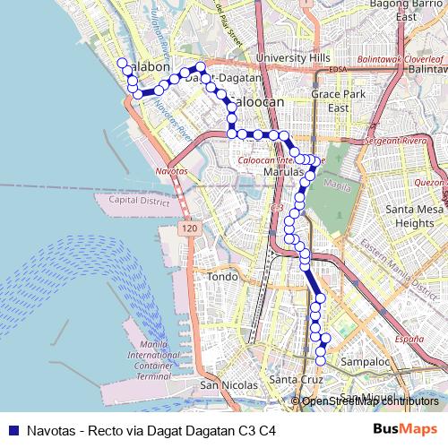 Navotas - Recto via Dagat Dagatan C3 C4 bus Line Map