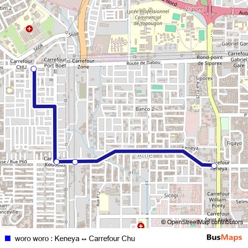 woro woro : Keneya ↔ Carrefour Chu bus Line Map