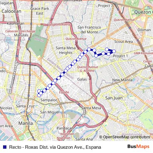 Recto - Roxas Dist. via Quezon Ave., Espana bus Line Map