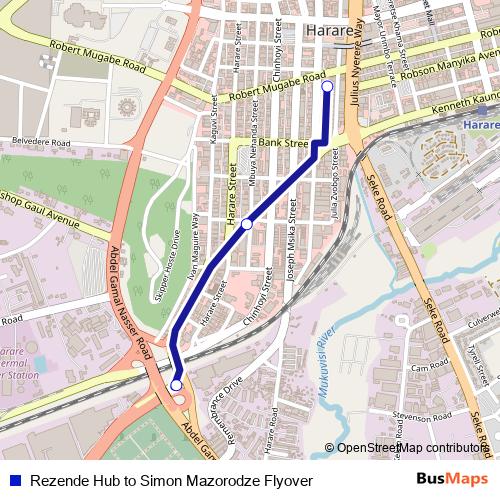 Rezende Hub to Simon Mazorodze Flyover bus Line Map
