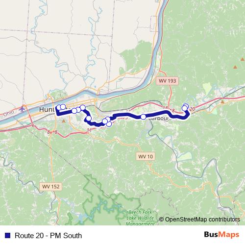 Route 20 - PM South bus Line Map