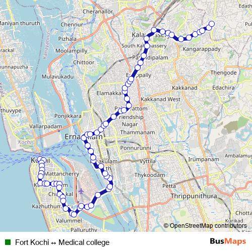Fort Kochi ↔ Medical college bus Line Map