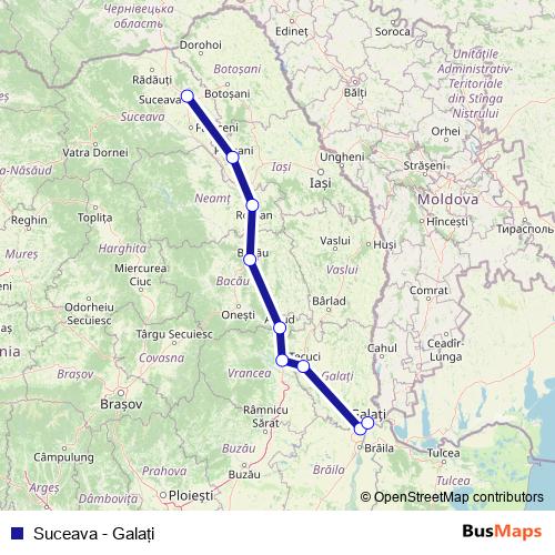 Suceava - Galaţi rail Line Map
