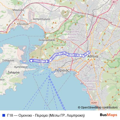 Γ18 bus Line Map