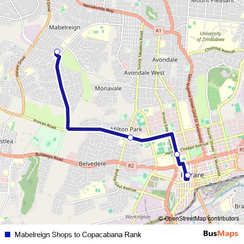 Mabelreign Shops to Copacabana Rank bus Line Map