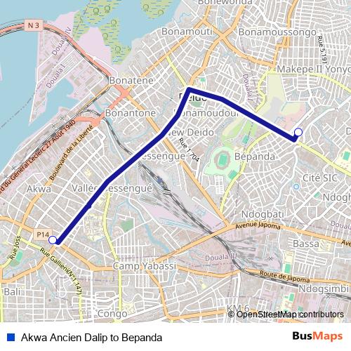 Akwa Ancien Dalip to Bepanda bus Line Map