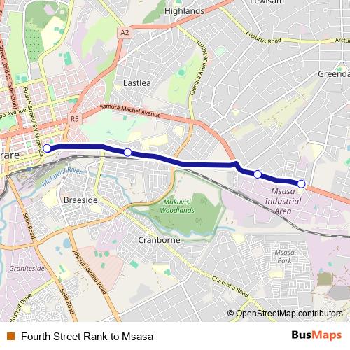 Fourth Street Rank to Msasa bus Line Map