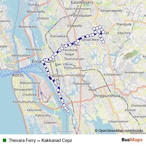 Thevara Ferry ↔ Kakkanad Cepz bus Line Map
