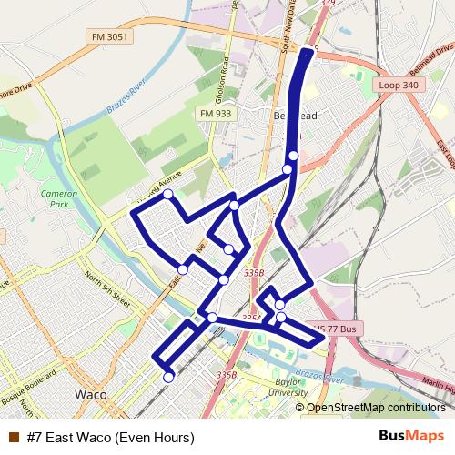 #7 East Waco (Even Hours) bus Line Map