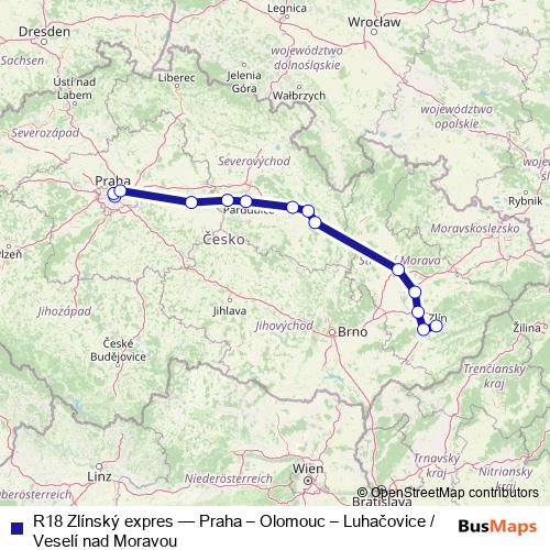 R18 Zlínský expres rail Line Map