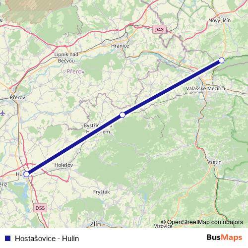 Hostašovice - Hulín rail Line Map