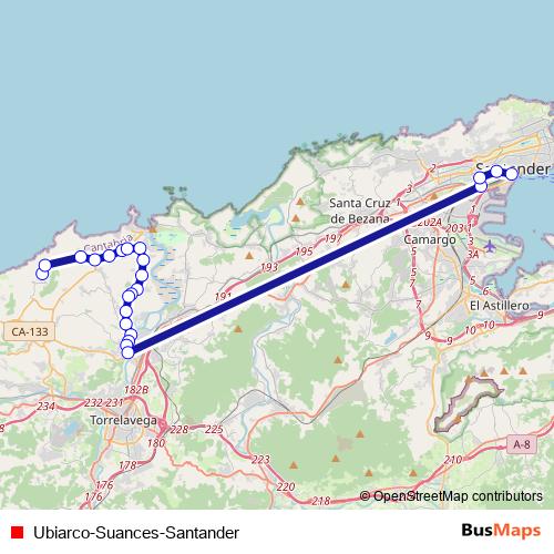 Ubiarco-Suances-Santander bus Line Map