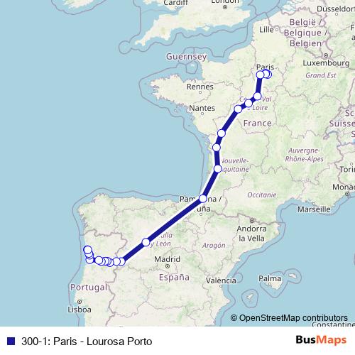 300-1: Paris - Lourosa Porto bus Line Map