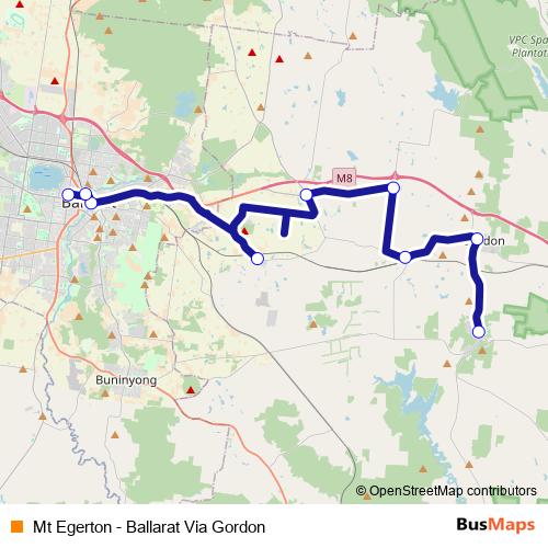 Mt Egerton - Ballarat Via Gordon bus Line Map