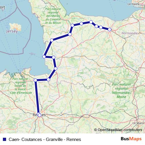 Caen- Coutances - Granville - Rennes rail Line Map